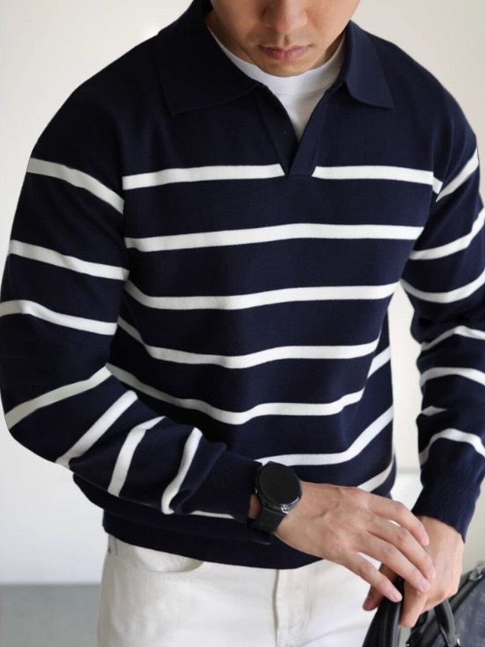 Navy Blue Casual Men's Loose Striped Drop Shoulder Knit Sweater